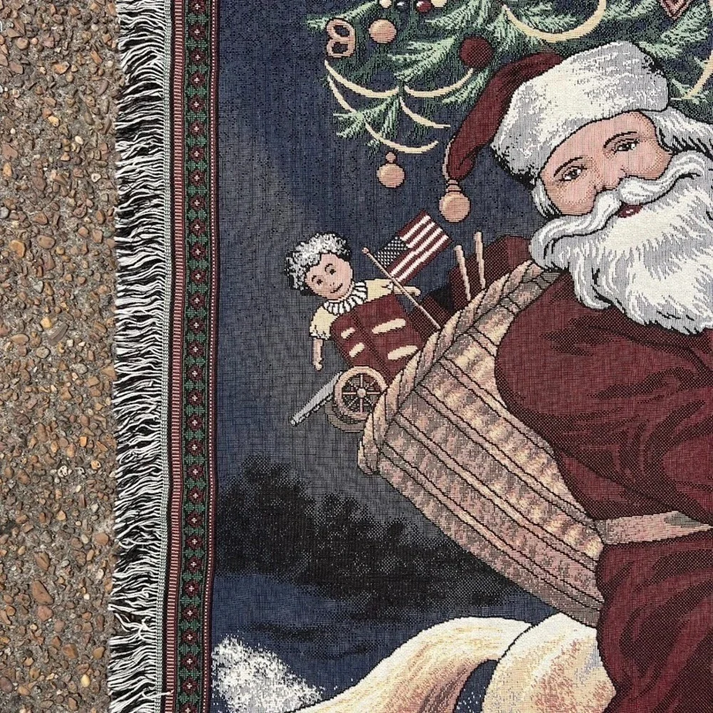Vintage Santa Claus Merry Christmas Holiday Woven Fringe Tapestry Blanket‎